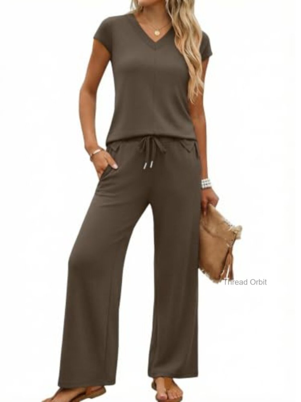 Women's 2 Piece Lounge Set V-Neck Cap Sleeve Wide Leg Pants Side Slit Travel